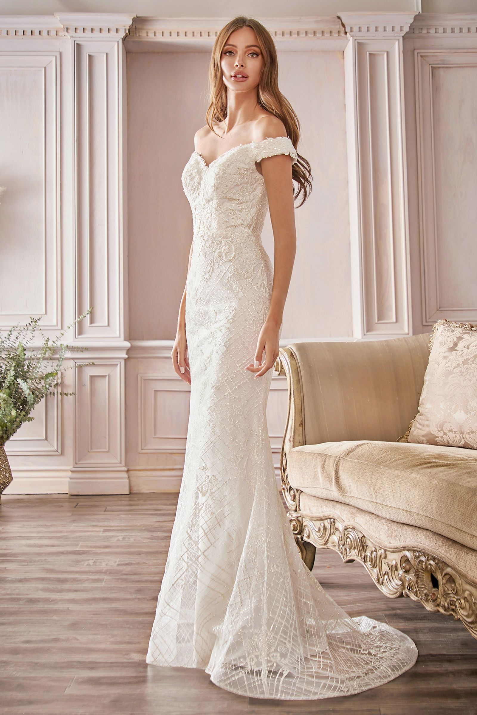 Divinity Bridal LARISSA Lace & Sequin Applique Mermaid Wedding Dress, an affordable bridal gown with off-shoulder elegance.