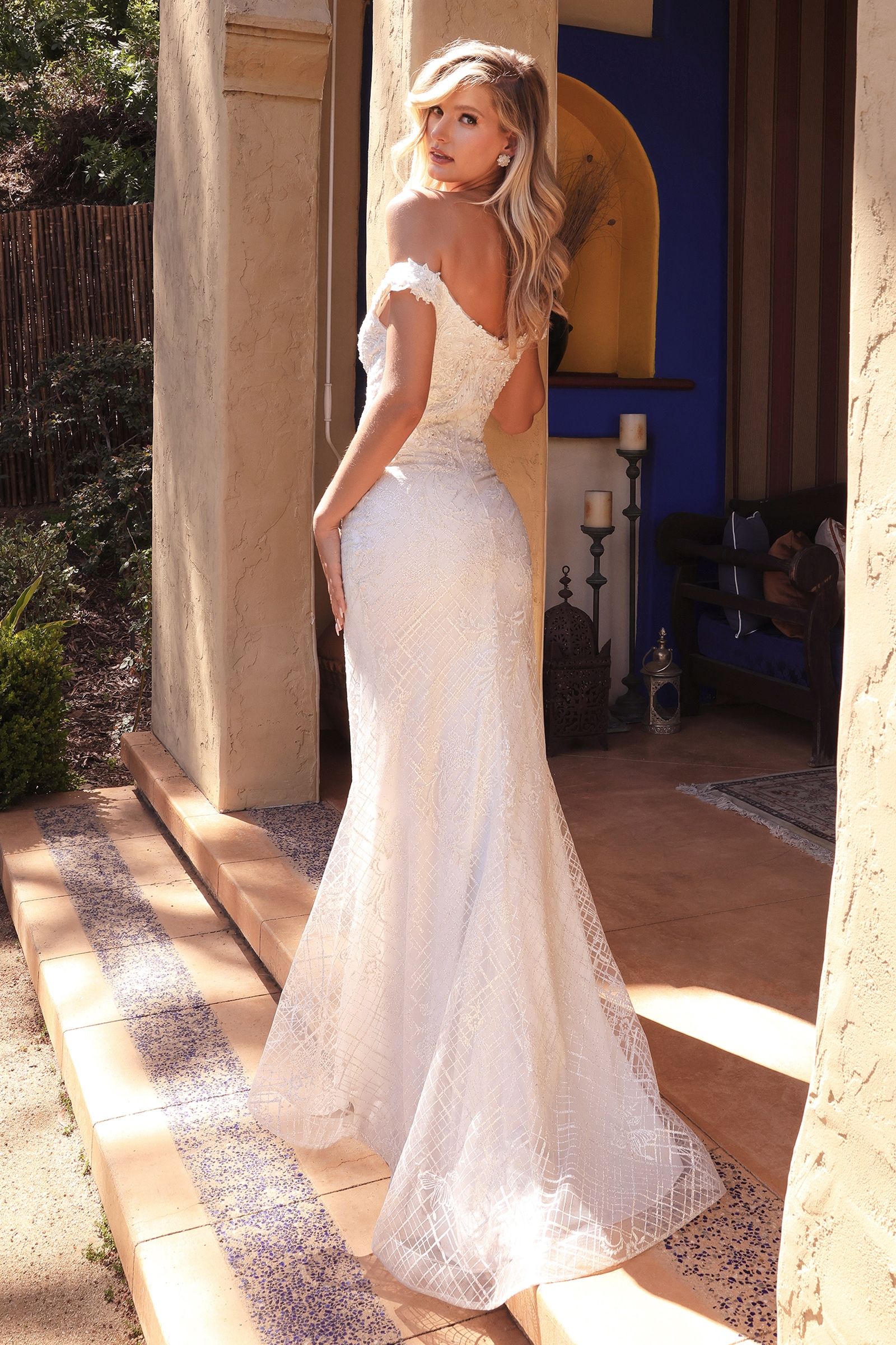 Divinity Bridal LARISSA Lace & Sequin Applique Mermaid Wedding Dress, affordable bridal gown with off-shoulder design.