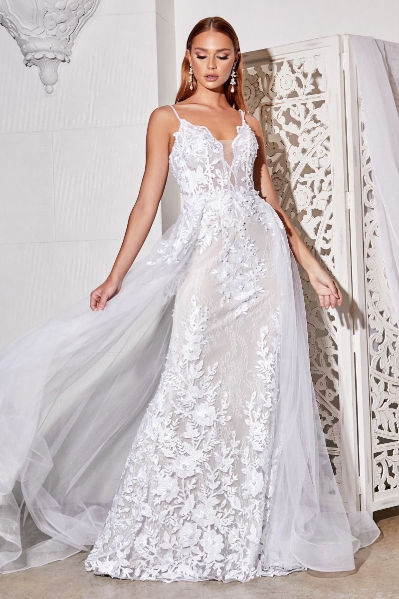 Divinity Bridal LEONORA lace applique tulle overskirt mermaid wedding dress, affordable bridal gown, elegant and ethereal design.