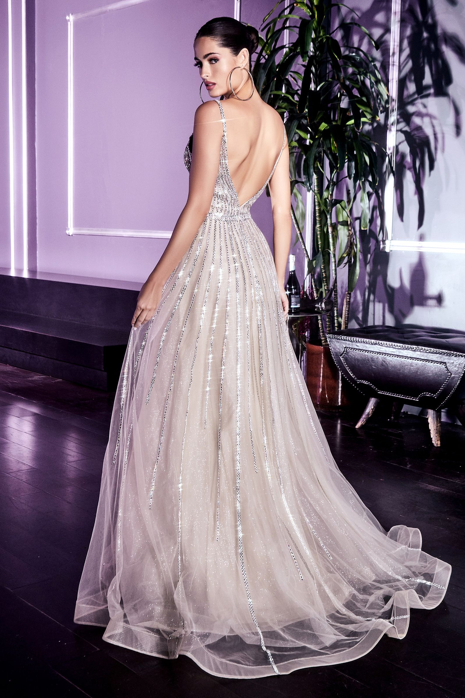 CHARLISE A Line Diamante Sequin Ballgown showcasing a plunging back and radiating beading, perfect for evening events from Brisbane to Gold Coast.