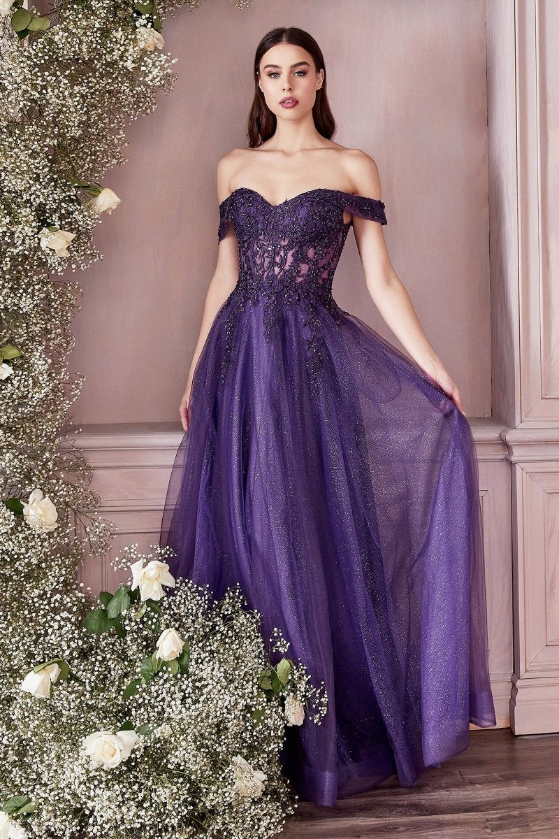 DEJA purple lace applique off-shoulder ballgown with corset back, perfect for formal events, from Brisbane to Gold Coast.