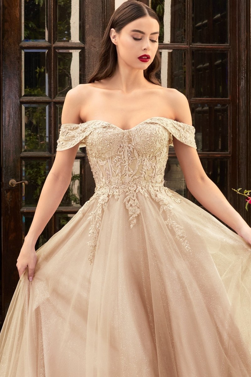 DEJA Lace Applique Corset Back Off Shoulder Ballgown with lace bodice and flowing tulle skirt, evening gown Brisbane to Gold Coast.