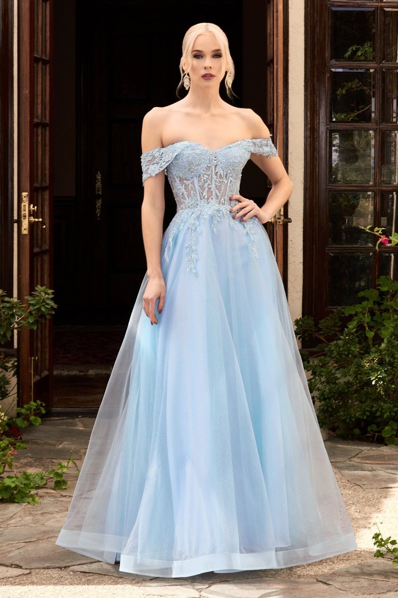 DEJA Lace Applique Off Shoulder Ballgown with Corset Back, perfect A-line evening gown, Brisbane to Gold Coast.