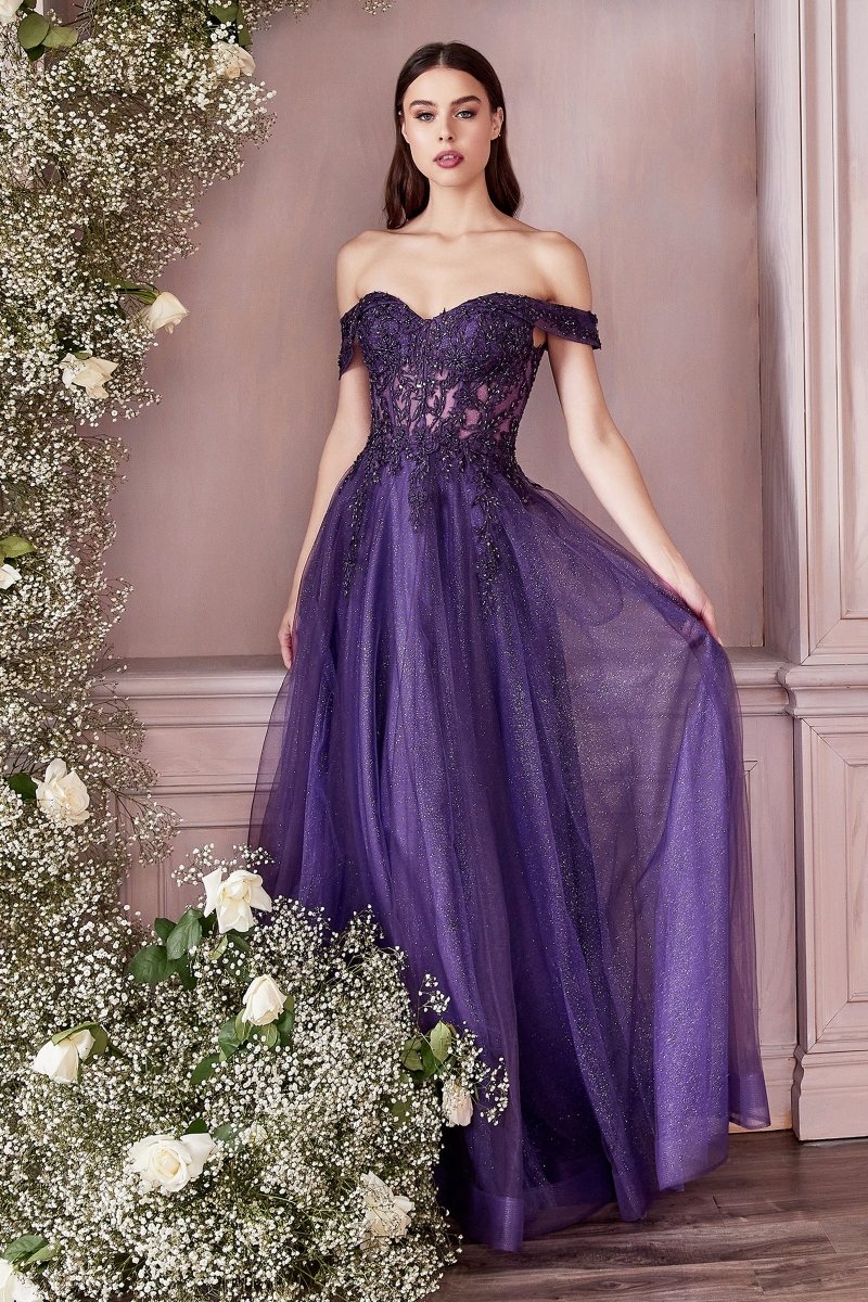 DEJA Lace Applique Corset Back Off Shoulder Ballgown with purple tulle and lace bodice, perfect for garden parties. Brisbane to Gold Coast