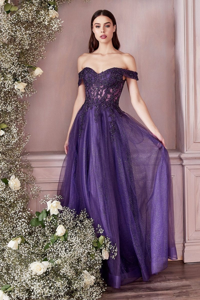 DEJA Lace Applique Corset Ballgown with purple tulle and off-shoulder lace sleeves, perfect for formal occasions, Brisbane to Gold Coast.