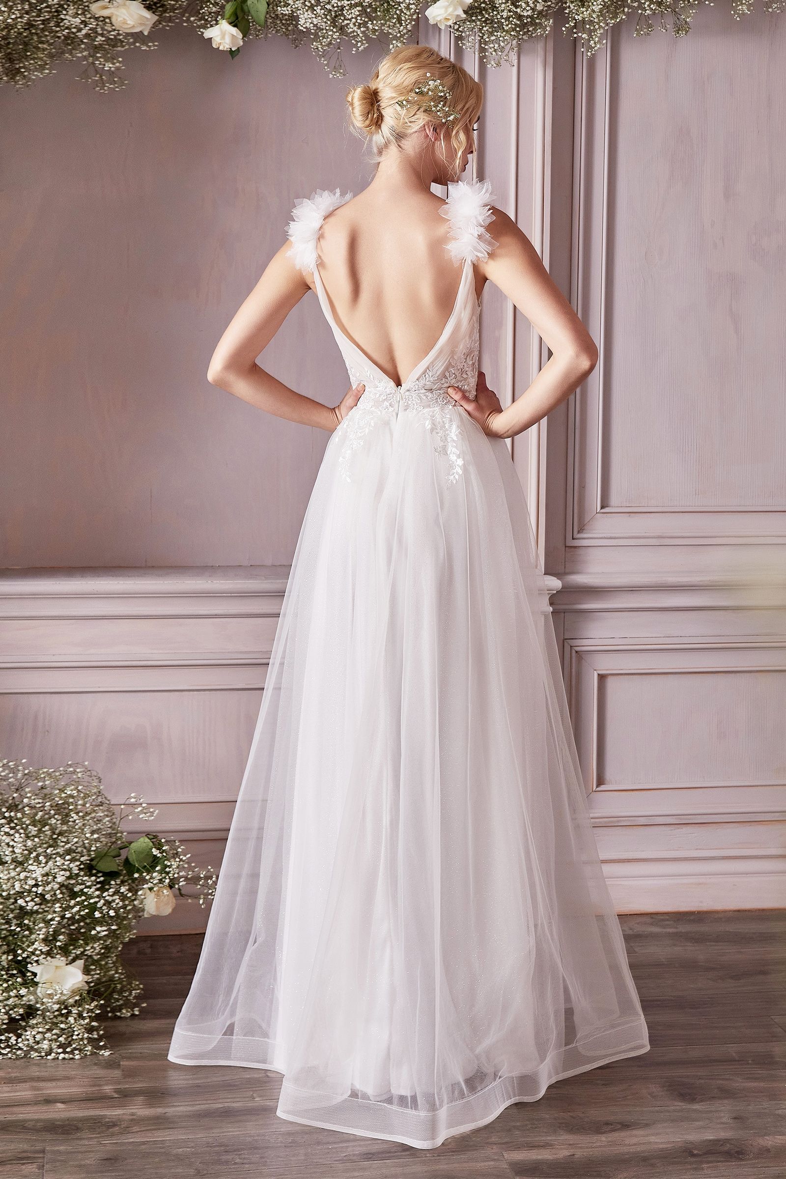 Divinity Bridal ELEONORA cap sleeve A-line wedding dress, back view. Affordable bridal gown with lace bodice and tulle straps.