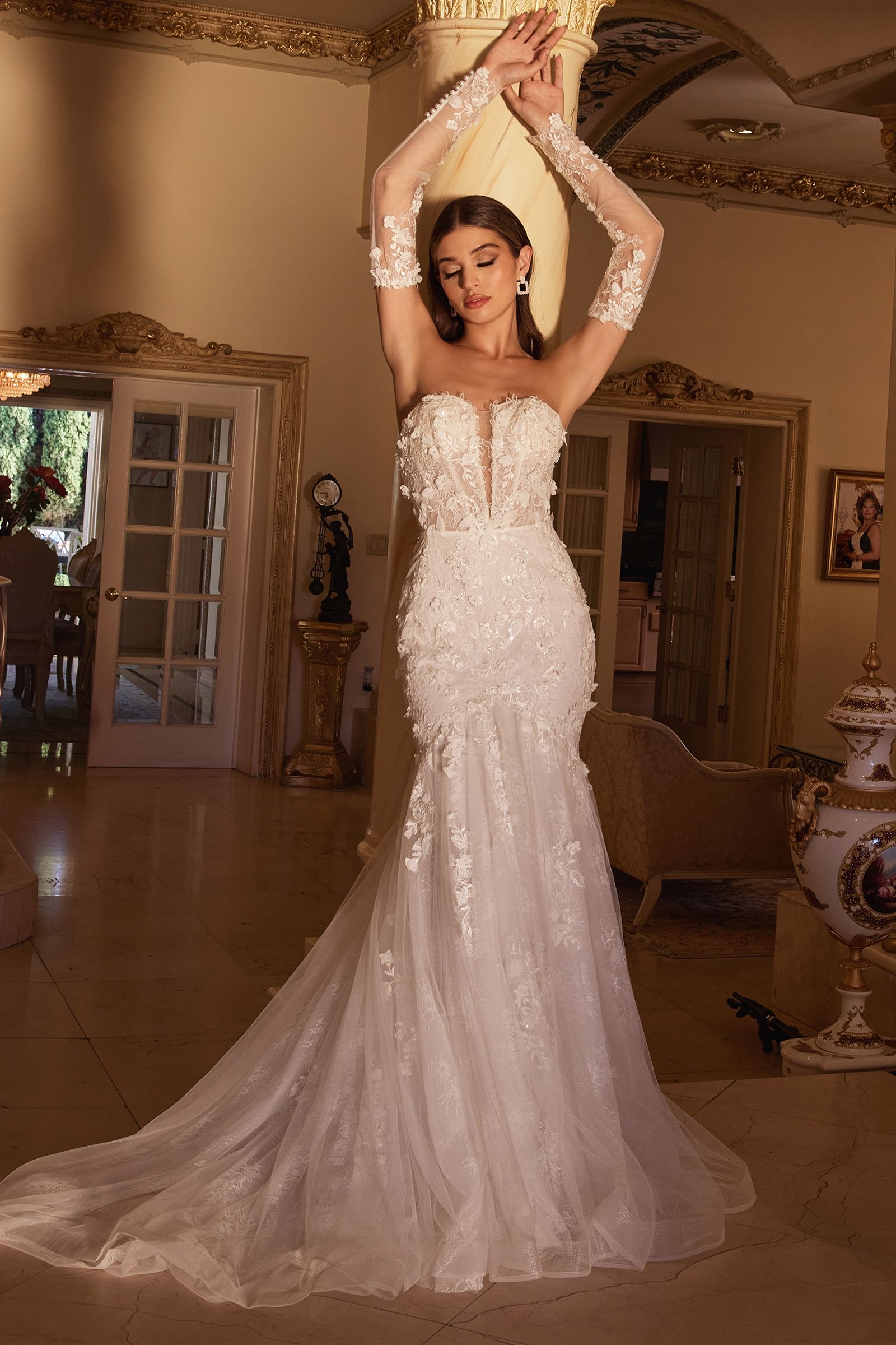 Divinity Bridal HELENA lace mermaid wedding dress with floral appliques, affordable bridal gown for an elegant ceremony.