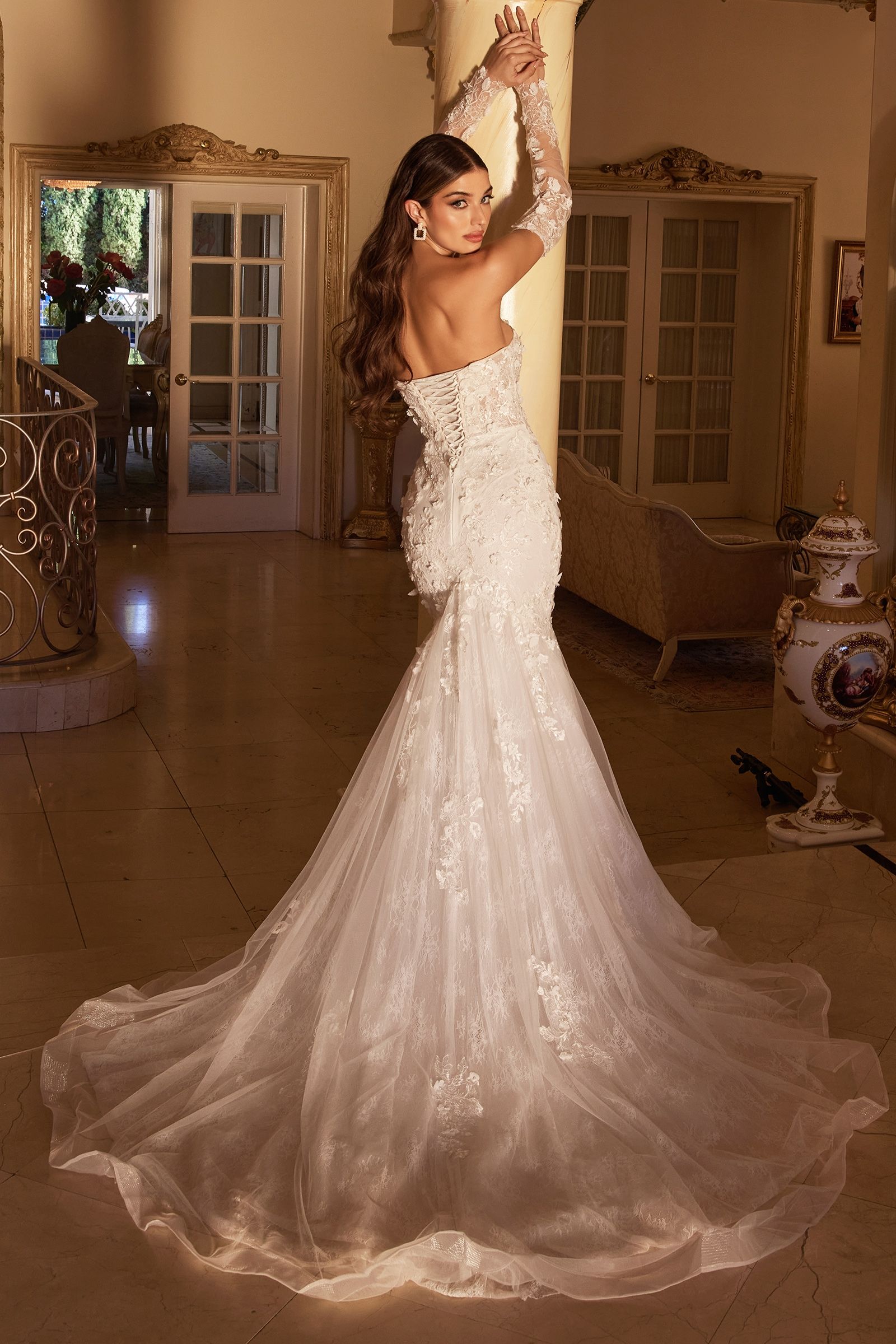Divinity Bridal HELENA Lace Applique Bustier Corset V Front Mermaid Wedding Dress, affordable bridal gown