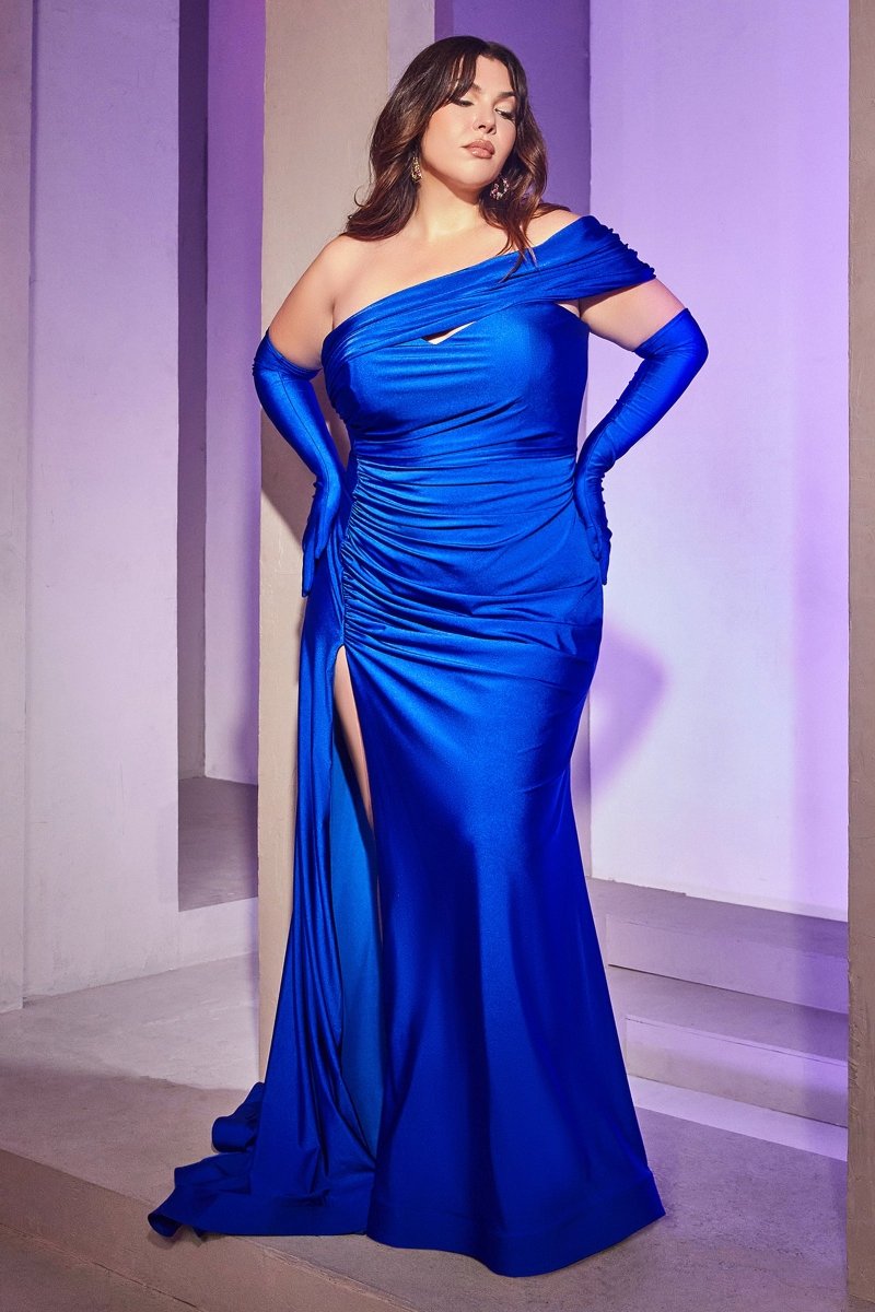 BALENCI-USSY Mermaid Formal Dress with asymmetric shoulder, satin fabric, and matching gloves. Perfect evening gown, Brisbane to Gold Coast.