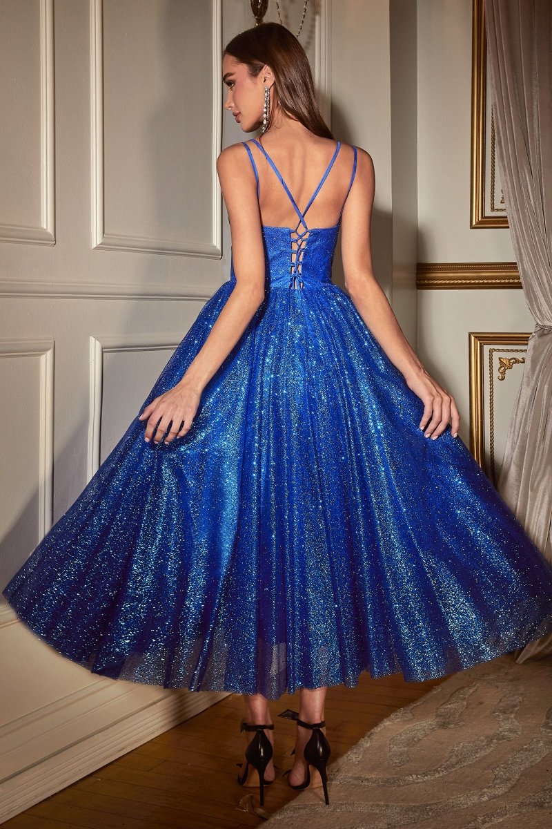 CAM Glitter Tea Length Ball Gown Corset Midi Dress with a sparkling blue bodice and lace-up back, perfect for an evening ball. Brisbane to Gold Coast.