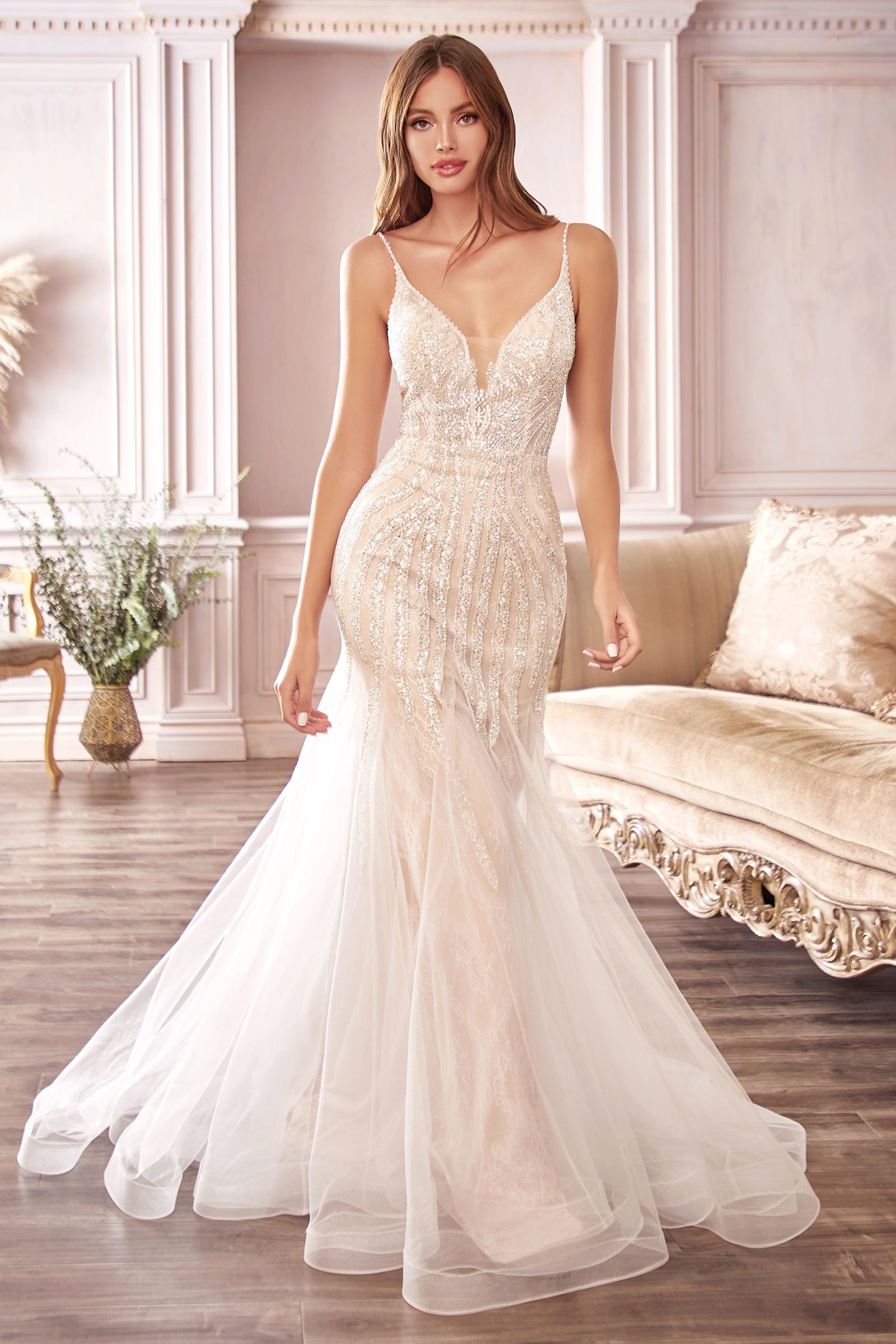 Divinity Bridal OPHELIA beaded glitter overlay mermaid wedding dress, affordable bridal gown, elegant floor-sweeping design.
