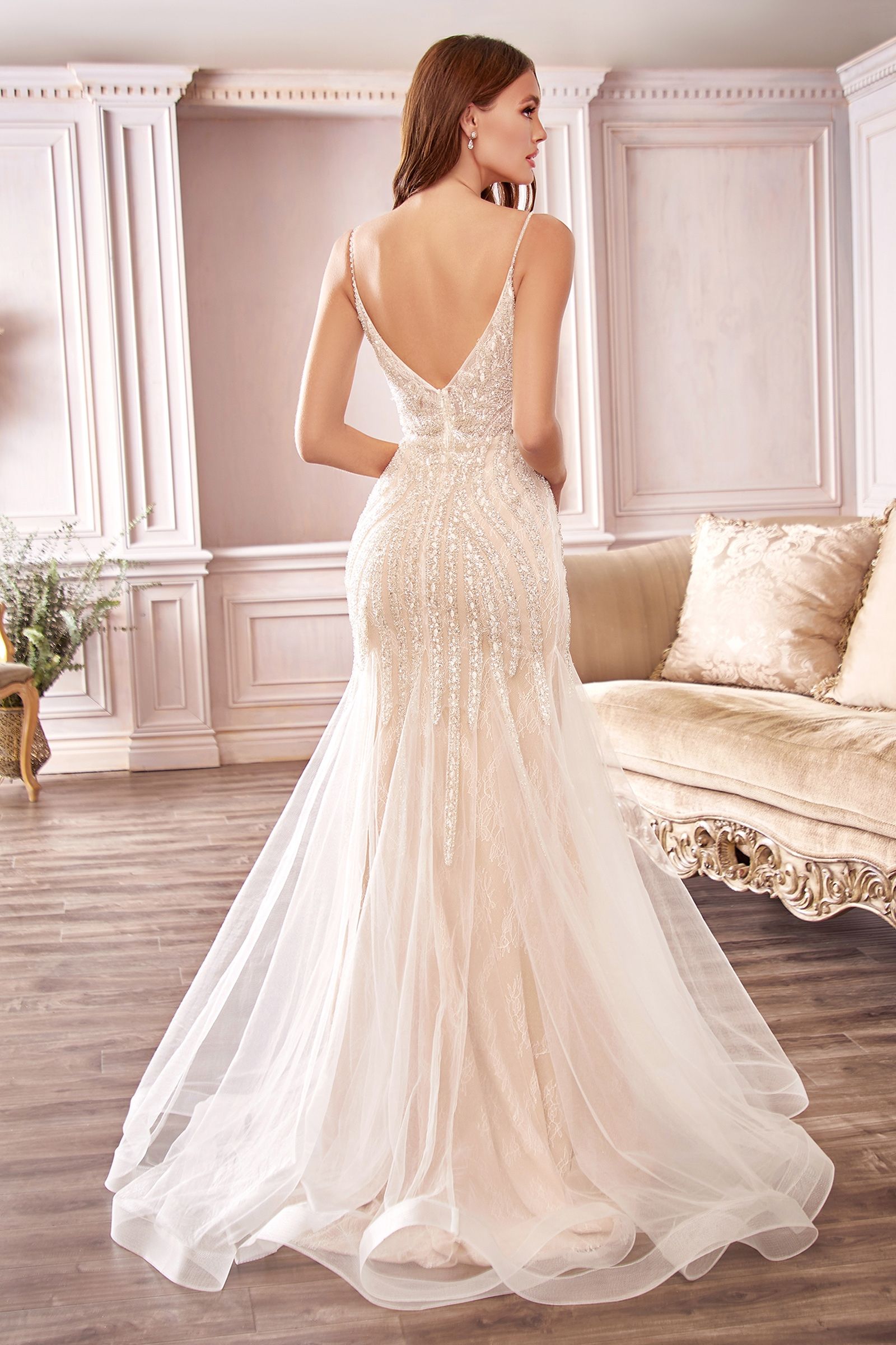 Divinity Bridal OPHELIA beaded glitter mermaid wedding dress, affordable bridal gown with elegant floor-length train.