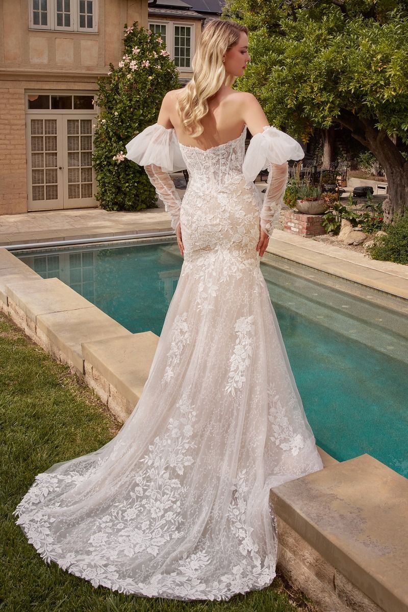 ADELINE Floral Applique Mermaid Wedding Dress with removable sleeves by Divinity Bridal, affordable bridal gown Australia.
