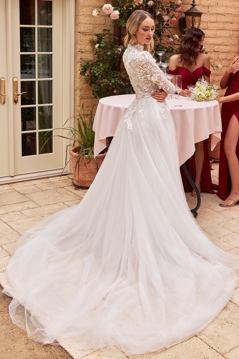 Divinity Bridal ELIZABETH long sleeve ball gown wedding dress with floral applique, perfect for affordable bridal elegance.