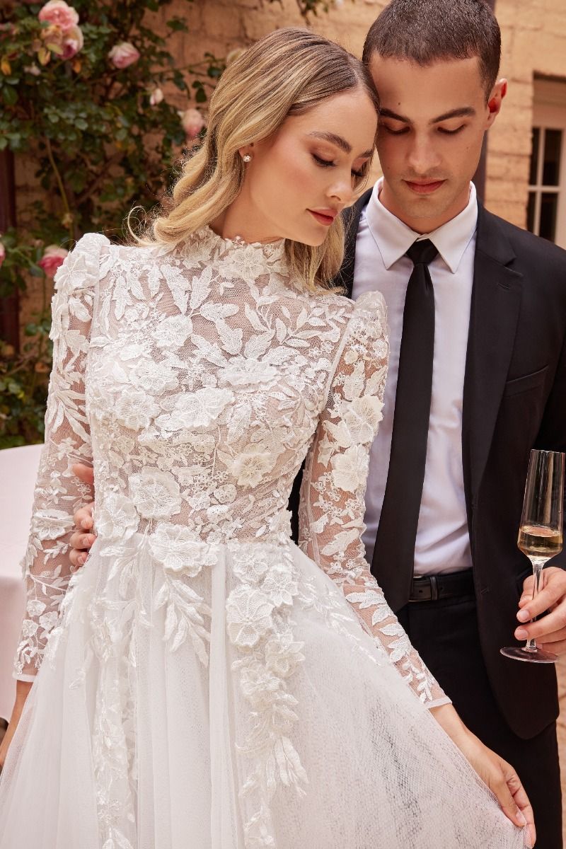 Divinity Bridal ELIZABETH Floral Applique HIgh Neckline Long Sleeve Ball Gown Wedding Dress in Australia | One Honey Boutique