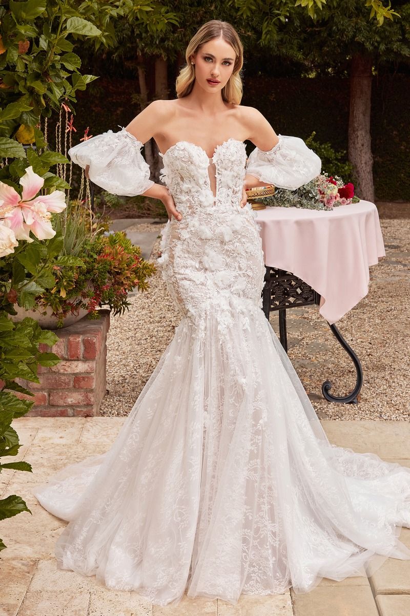 Divinity Bridal ANIA Floral Applique Lace Corset Bustier Mermaid Wedding Dress, off-white affordable bridal gown, garden setting.