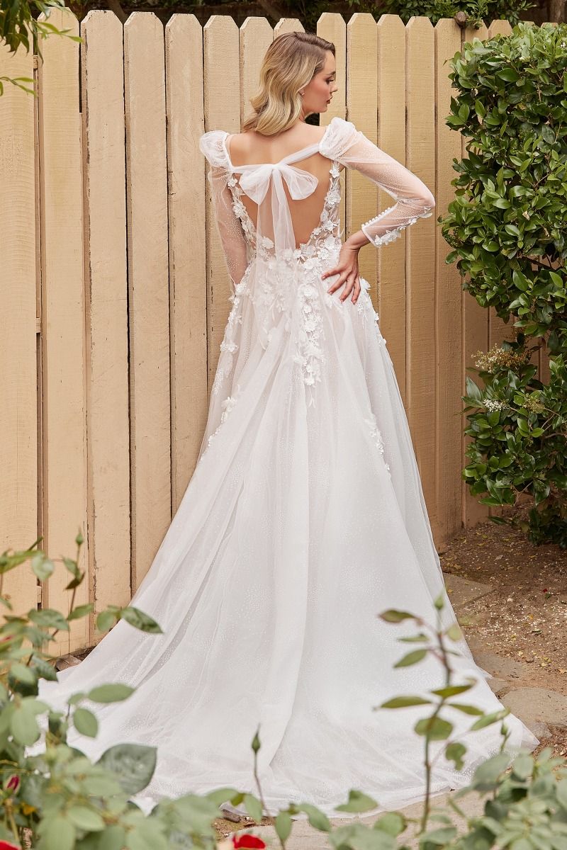 Back view of Divinity Bridal VIVIANA 3D Floral Applique Removable Sleeve wedding dress for affordable bridal elegance.
