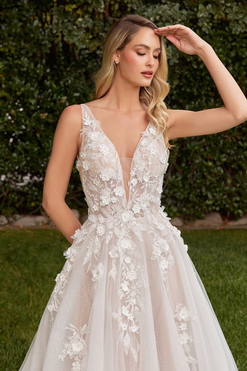 Divinity Bridal VIVIANA Floral 3D Applique Lace Cheap Bridal Gown with Removable Sleeves, Elegant Affordable Wedding Dress