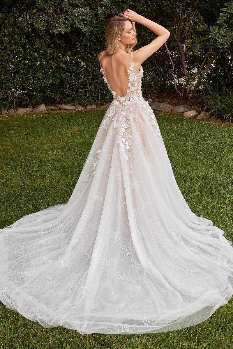 Divinity Bridal VIVIANA Floral 3D Applique Lace affordable bridal gown with removable sleeves, back view.