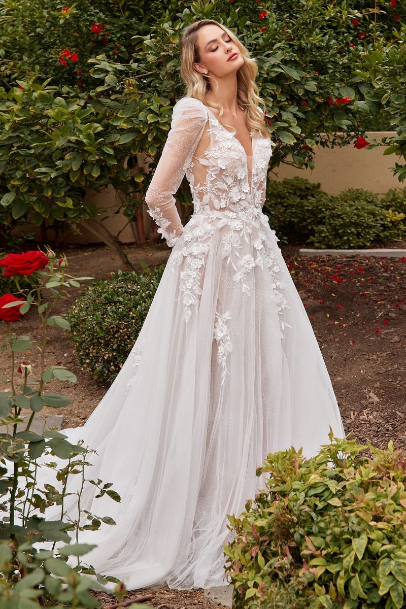 Divinity Bridal VIVIANA Floral 3D Applique Lace Wedding Dress, featuring removable sleeves, affordable bridal gown, outdoor setting.