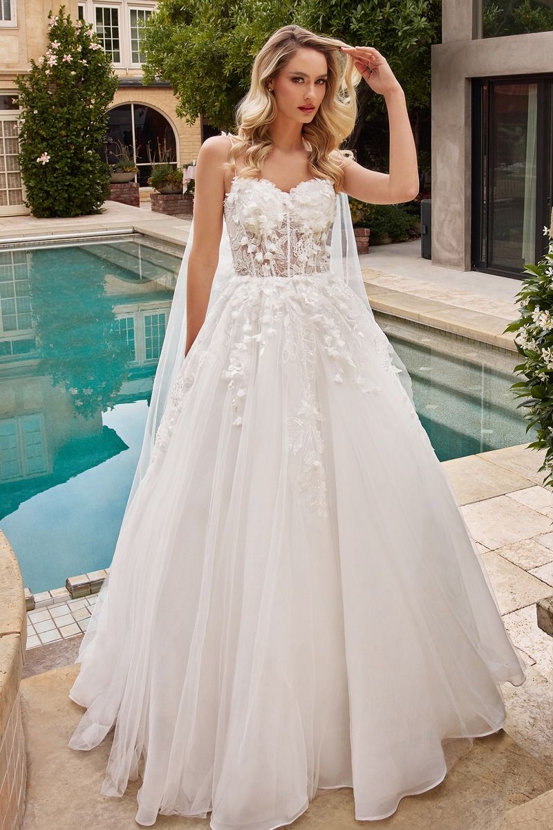 Divinity Bridal LEONA 3D Floral Applique Layered Tulle Ball Gown Wedding Dress, affordable bridal elegance in white.