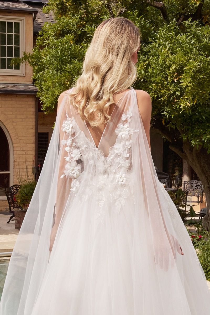 Back view of Divinity Bridal LEONA 3D Floral Applique Layered Tulle Ball Gown Wedding Dress, an affordable bridal option.