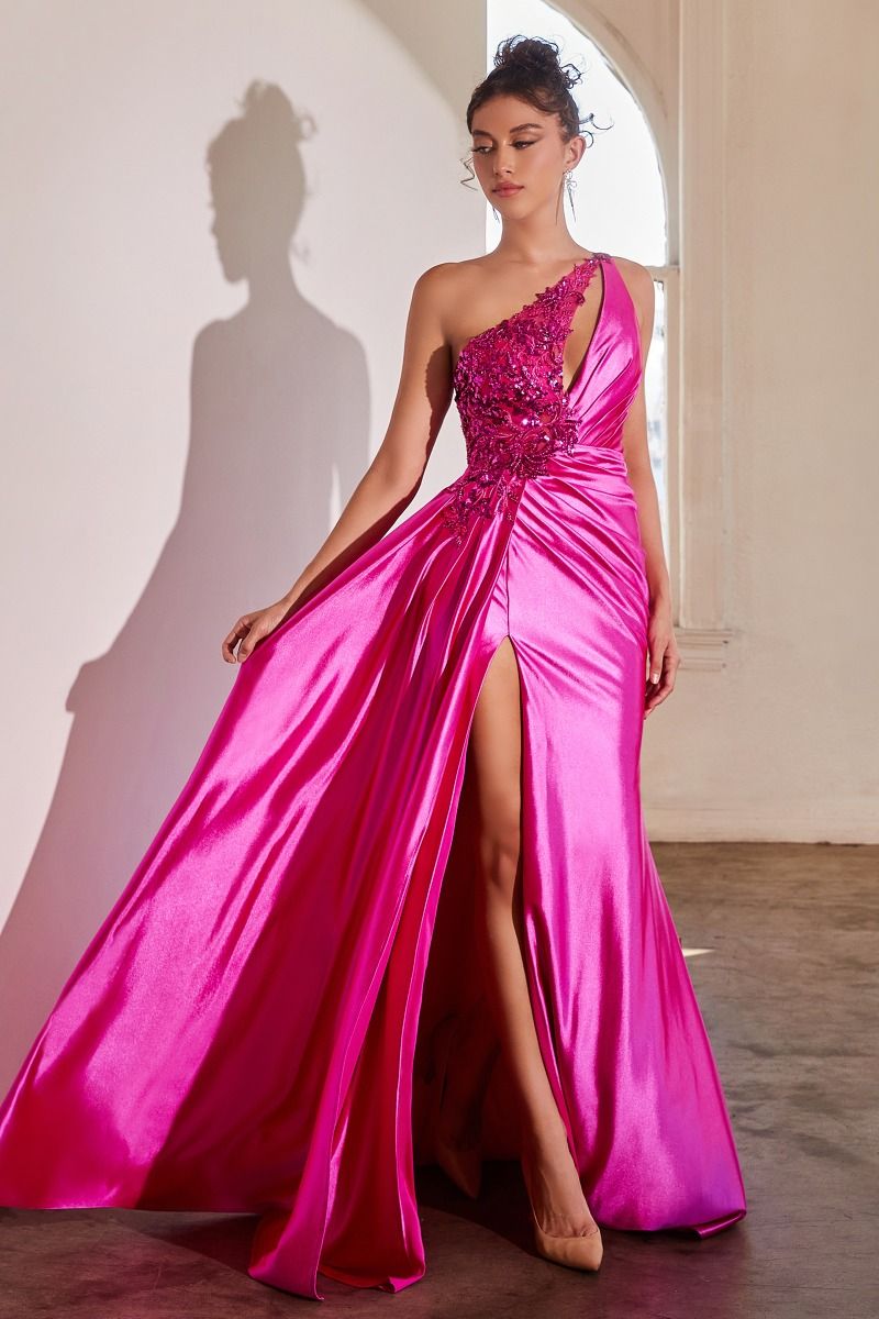 CARNIE one-shoulder satin prom gown with lace applique and side slit. Perfect for formal events. Brisbane to Gold Coast.