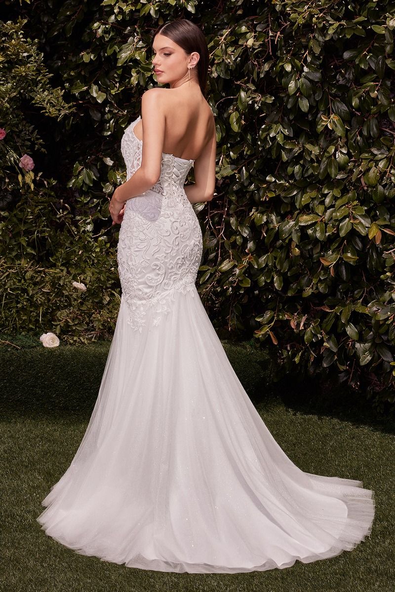 Divinity Bridal BEATRIZ mermaid wedding dress with lace, strapless corset, and elegant train. Affordable bridal gown.