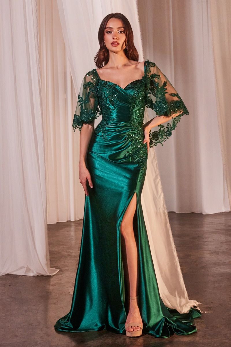 ANNELISE Mother of Bride Dress with lace capelet and satin slit, evening gown. Brisbane to Gold Coast, Australia.