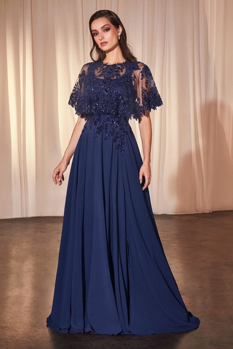 KATA Beaded Chiffon A-Line Evening Dress with lace bodice and cape, perfect for weddings. Brisbane to Gold Coast, Australia.