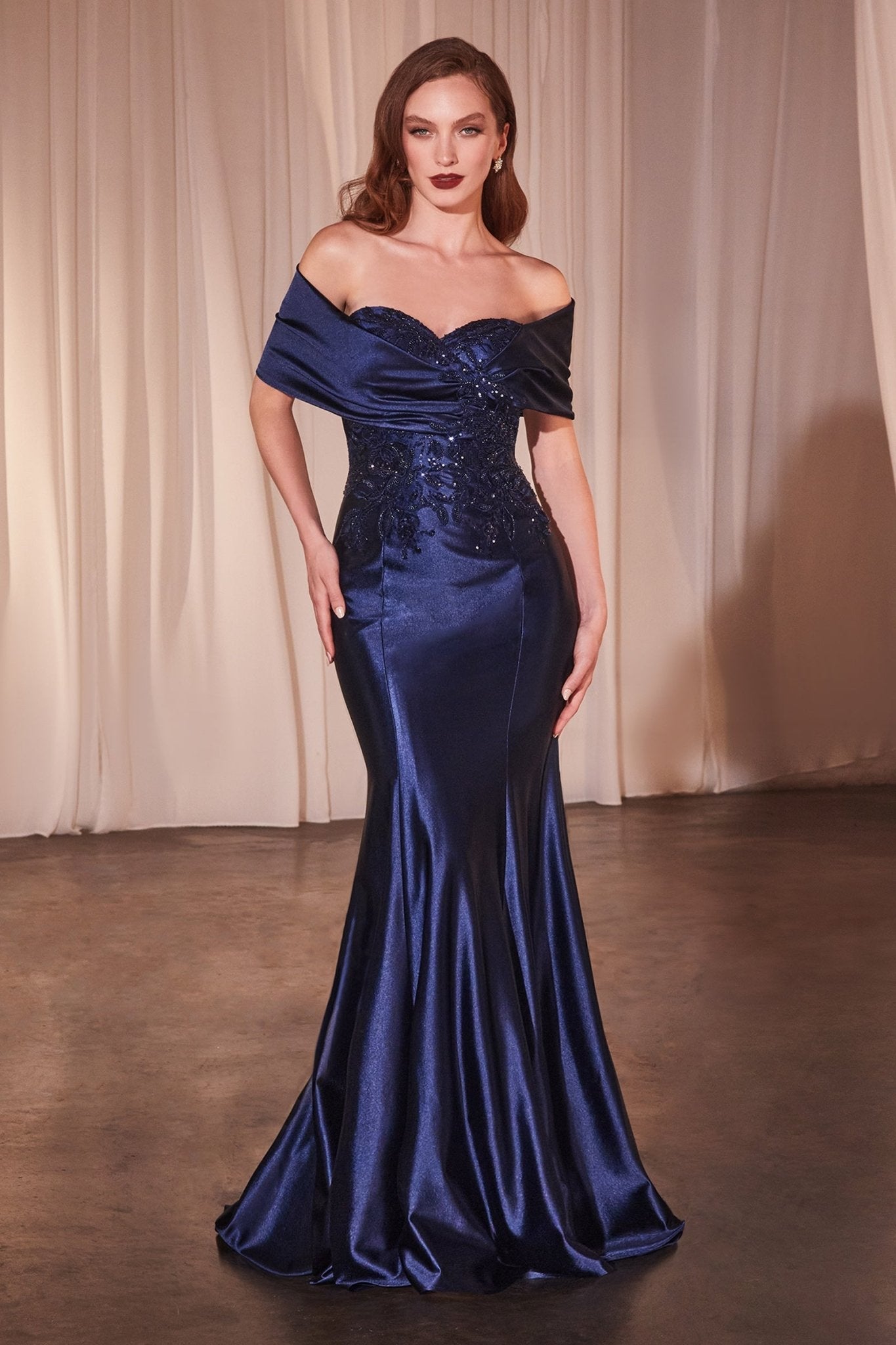 PATRICE Satin & Lace off-the-shoulder gown with embellished bodice, fitted evening dress from Brisbane to Gold Coast, Australia.