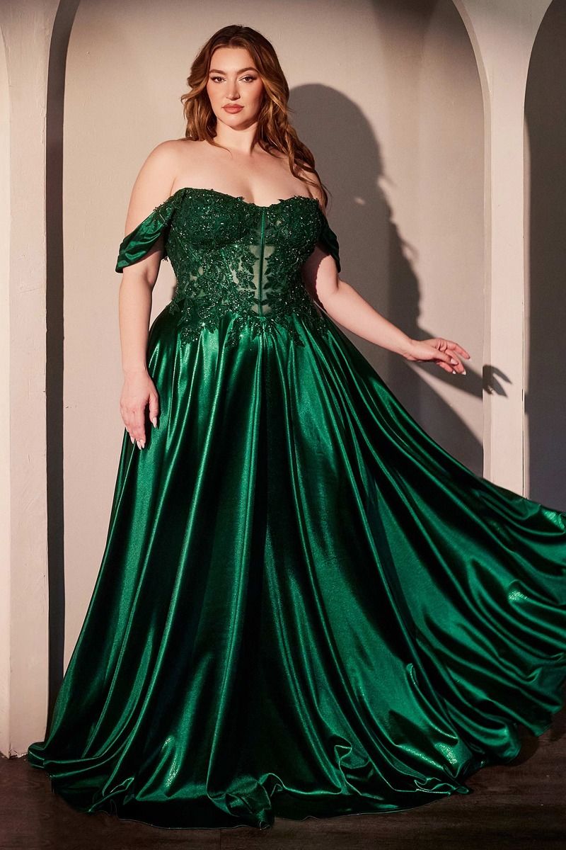 DARLA off-shoulder green satin gown with beaded lace bodice, perfect for prom or formal events. Brisbane to Gold Coast, Australia.