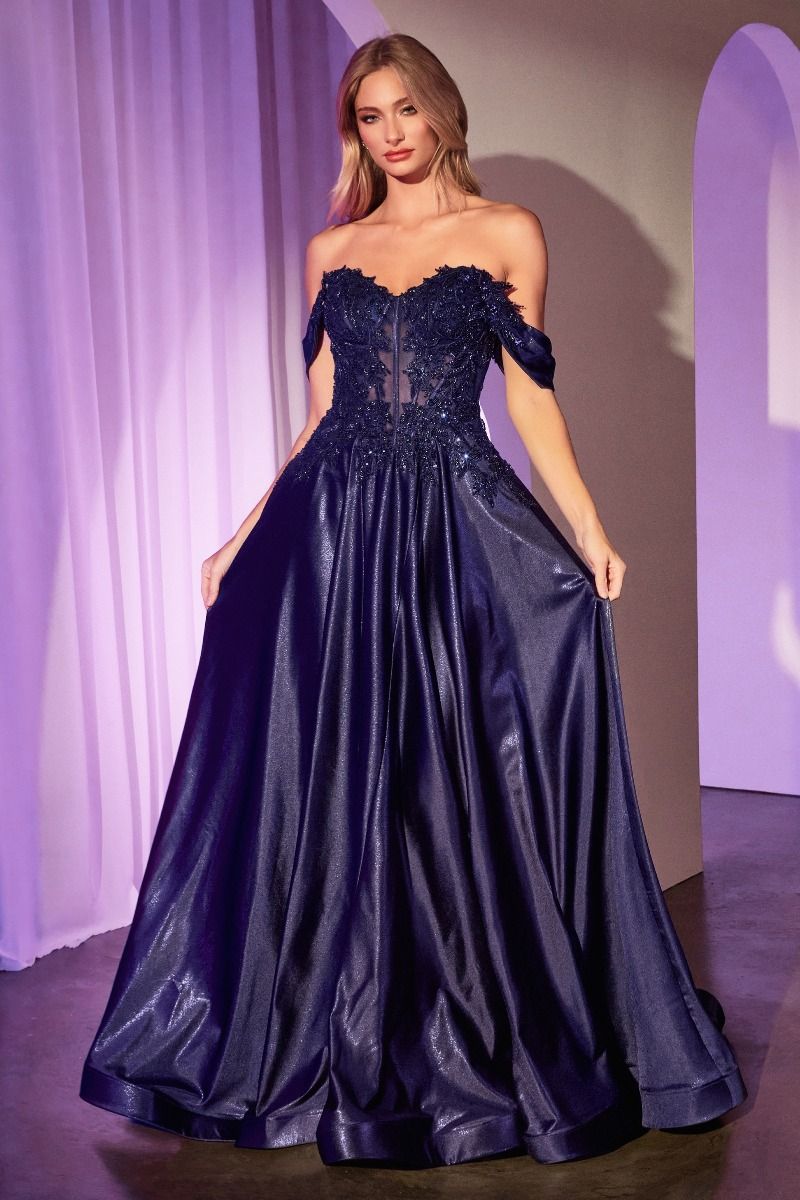DARLA off-shoulder navy lace bodice prom gown, elegant tulle skirt, versatile straps. Brisbane to Gold Coast, Australia.