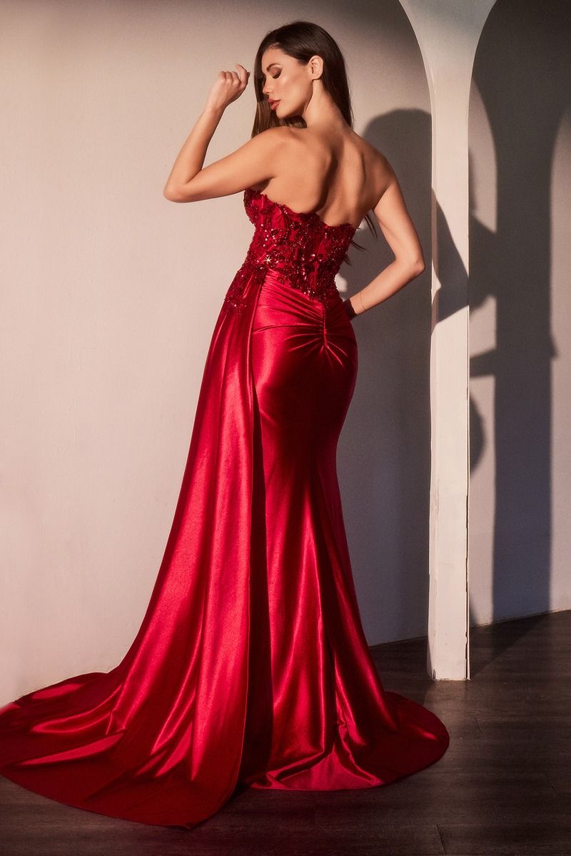 AMRA elegant strapless red lace applique prom gown with satin finish, back view. Perfect for formal events, Brisbane to Gold Coast.