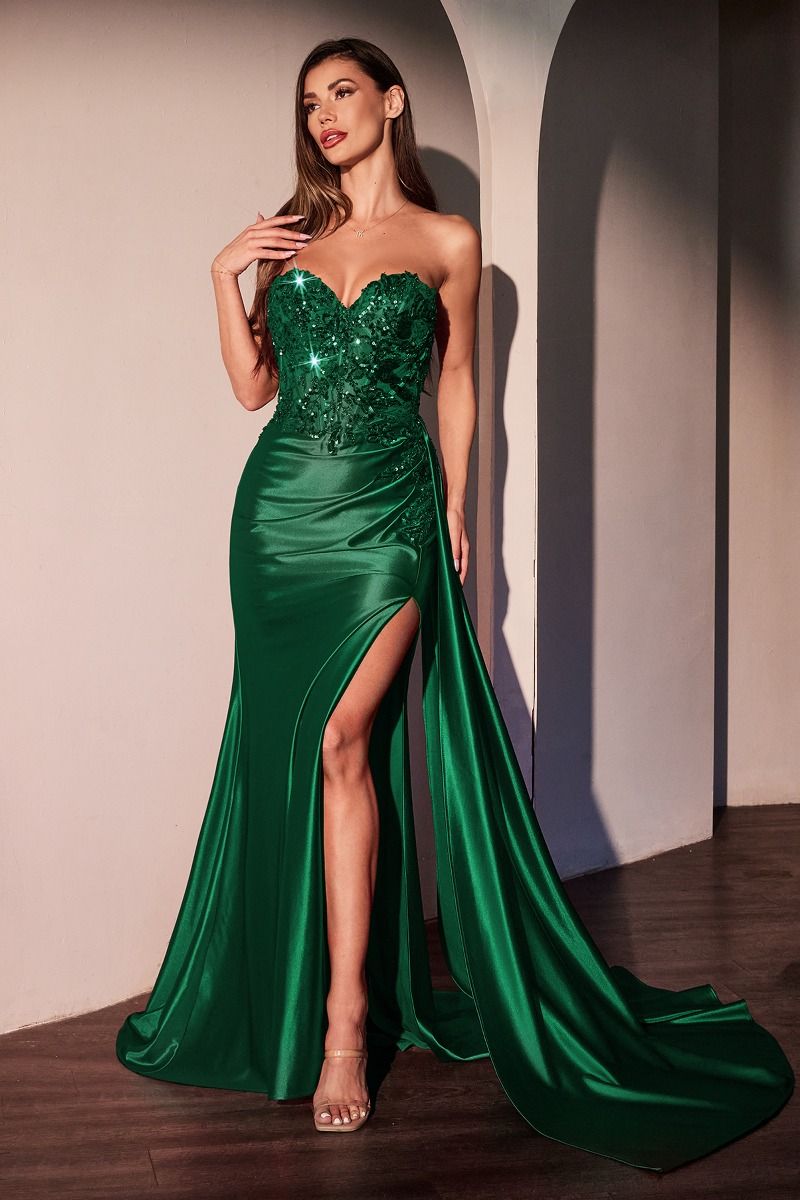 AMRA Strapless fitted satin gown with lace appliqué bodice and thigh-high slit, a perfect prom dress from Brisbane to Gold Coast.