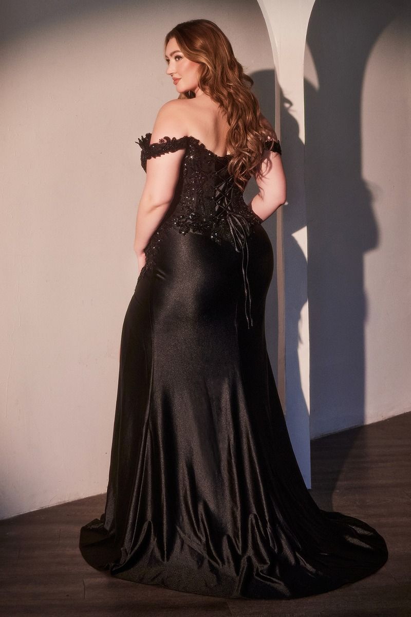Plus size model in Mikayla Curve Embellished Lace Sequin Satin Fitted Prom Dress, off-shoulder design, showcasing the elegant flowing satin skirt.