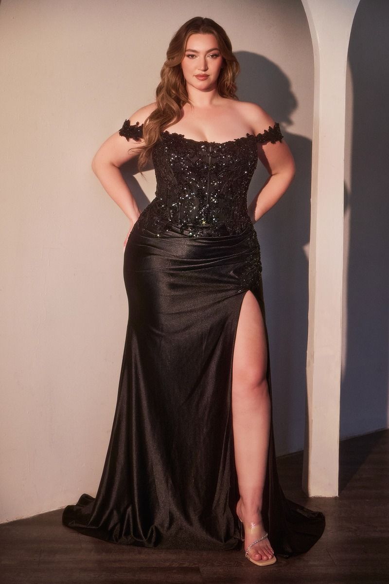 Plus size Mikayla Curve dress with embellished lace and sequin satin, featuring an off-shoulder neckline and leg slit.