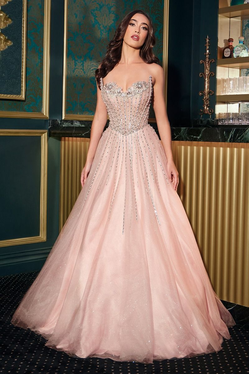 GABRIELLEA Crystal Glitter Beaded Tulle Formal Gown in Color: Blush | One Honey Australia