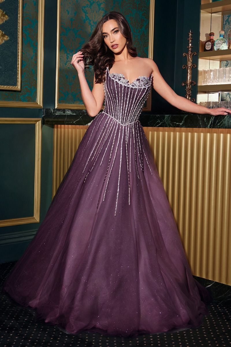 GABRIELLEA Crystal Glitter Beaded Tulle Formal Gown