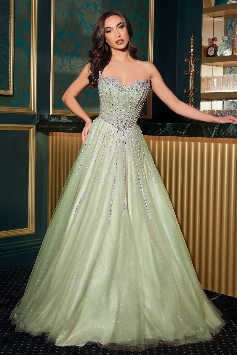 GABRIELLEA Crystal Glitter Beaded Tulle Formal Gown in Color: Sage | One Honey Australia