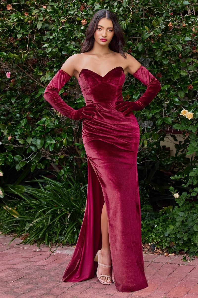 LIZZO Velvet Mermaid Formal Dress with jewel tones and detachable gloves, perfect for an evening gown. Brisbane to Gold Coast.