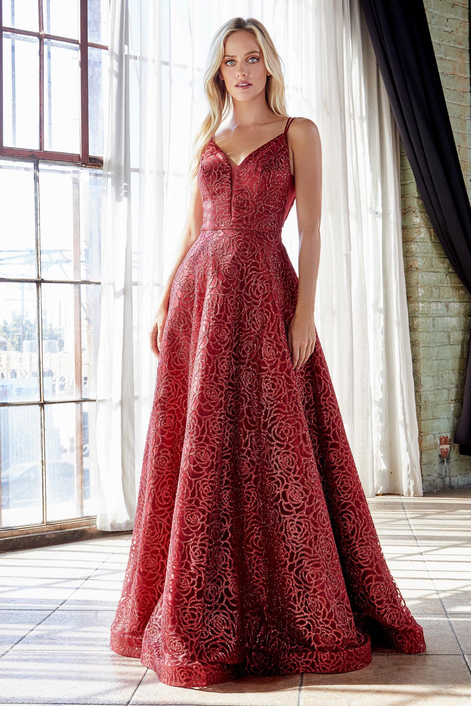 CHARLOTTE Glitter Roses formal ball gown with sheer inset V-neckline, rose glitter print, Brisbane to Gold Coast, Australia.