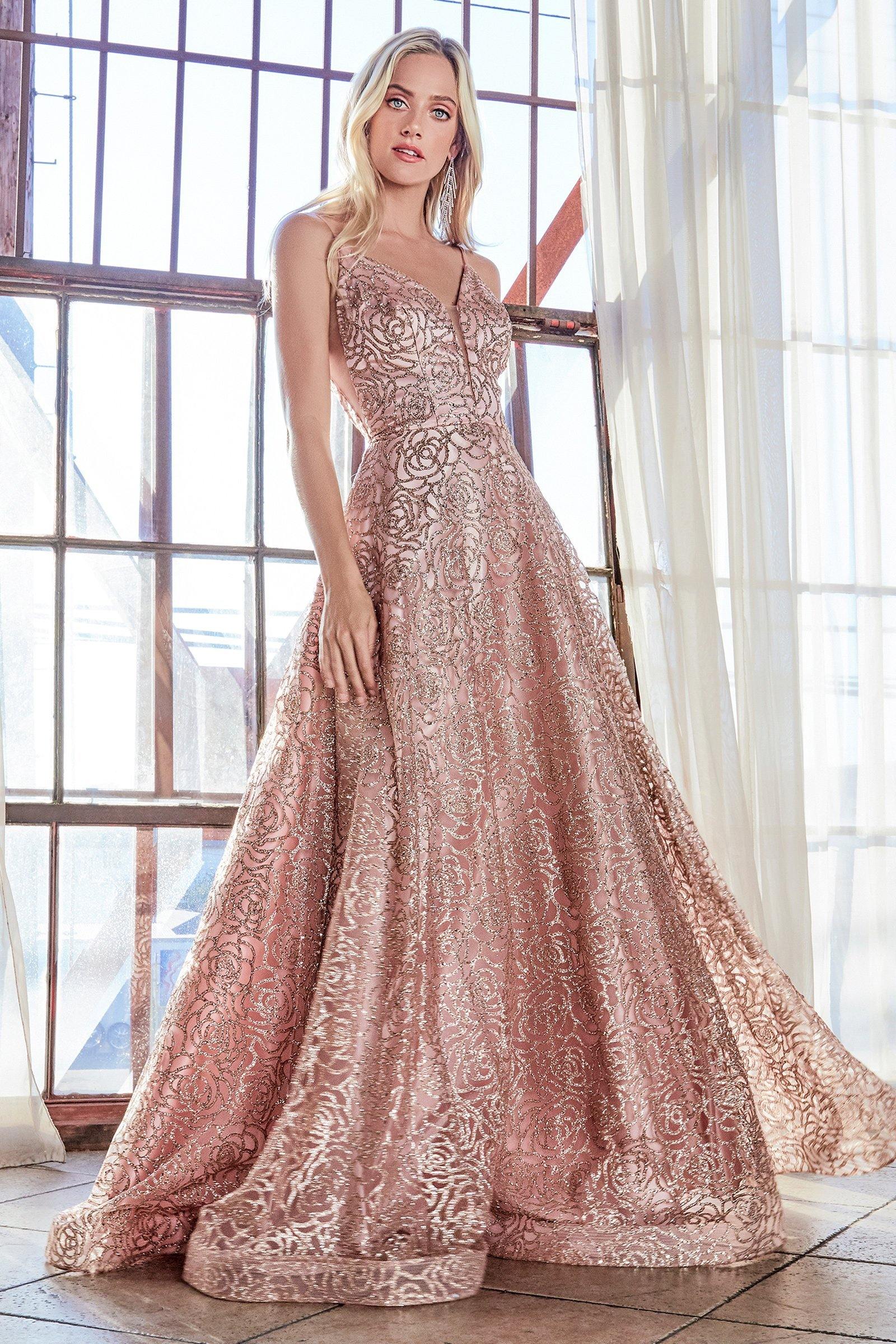 CHARLOTTE Glitter Roses Ball Gown with rose print and plunging V-neckline, perfect evening gown. Brisbane to Gold Coast.