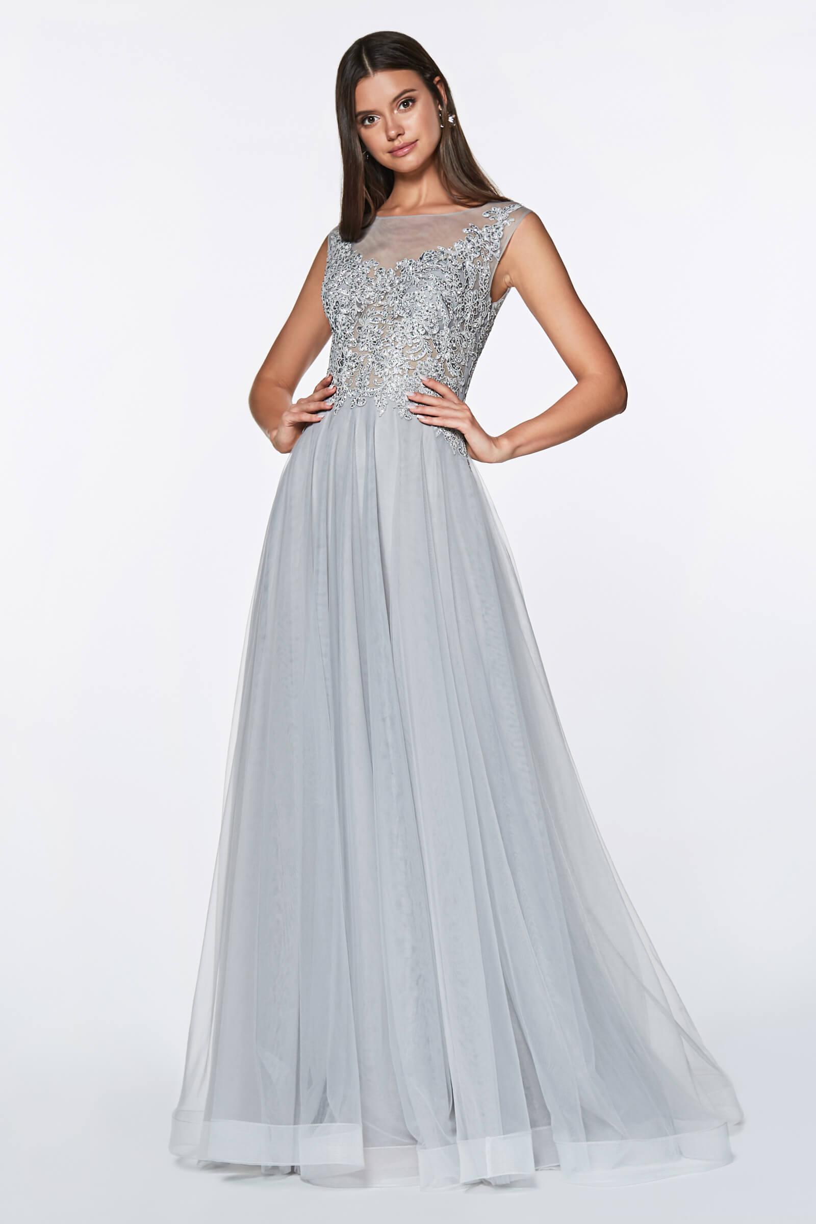 Honey Couture MADDIE Silver Tulle Lace Bodice Formal Dress