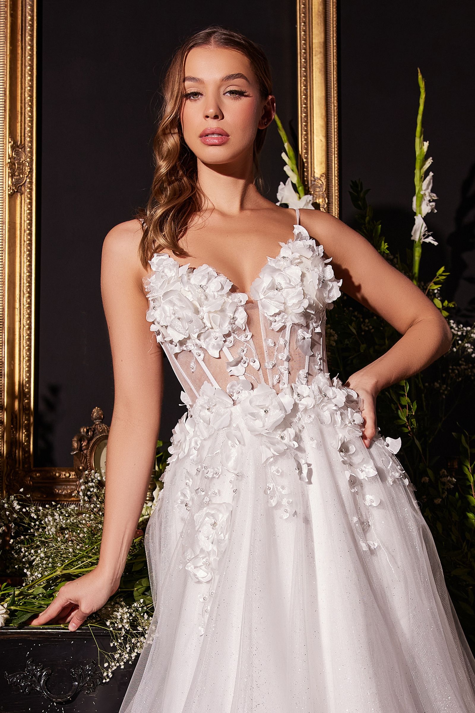 Divinity Bridal BRIANNA tulle wedding dress with floral appliqué, an affordable bridal gown highlighting elegance and sophistication.