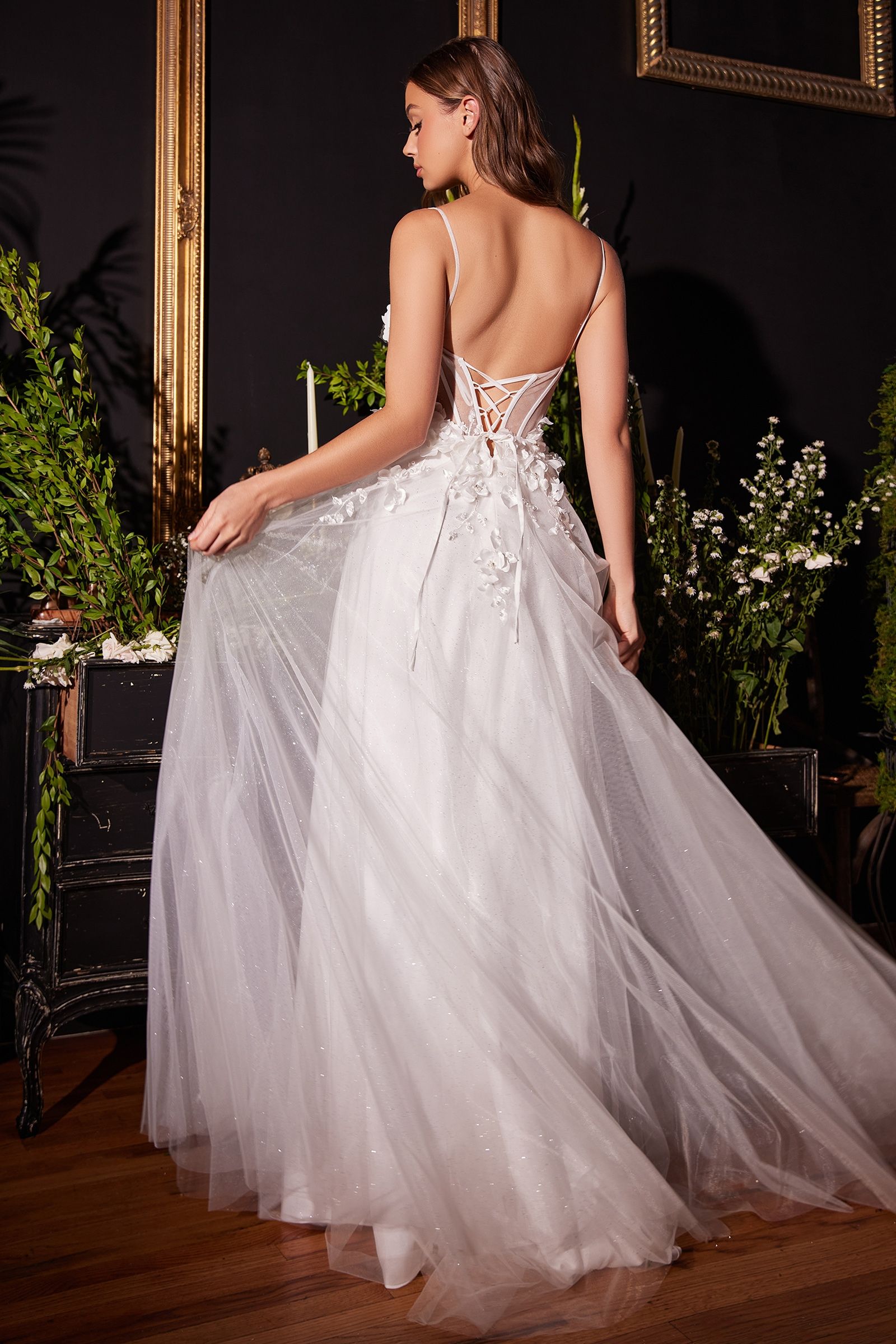 Back view of Divinity Bridal BRIANNA floral applique tulle wedding dress, affordable bridal gown with corset detailing