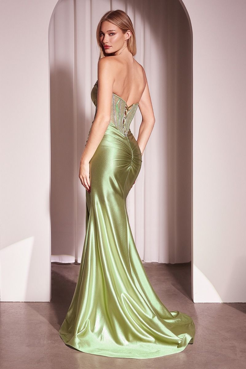 XIMENA Strapless Lace Bodice Fitted Mermaid Prom Dress featuring a satin finish and elegant plunging neckline. Brisbane to Gold Coast.