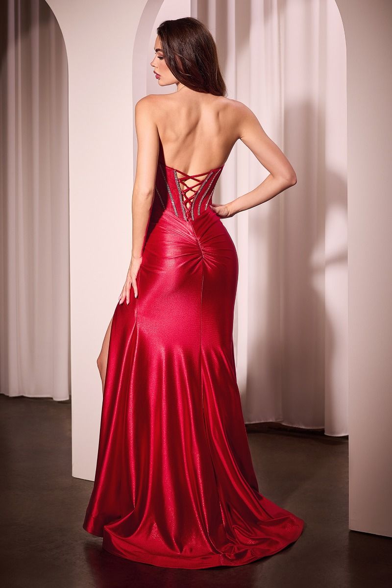 XIMENA strapless lace bodice mermaid prom gown with plunging neckline, crystal satin finish. Brisbane to Gold Coast.