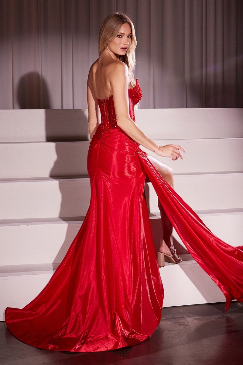 DOMINIKA sheer fitted mermaid prom dress with lace corset, elegant red evening gown, Brisbane to Gold Coast, Australia