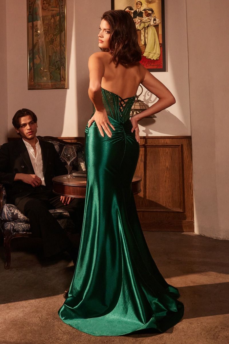 PHOENIX Corset Prom Gown with Beaded Bodice, Satin Finish. Elegant evening dress in green, perfect from Brisbane to Gold Coast.